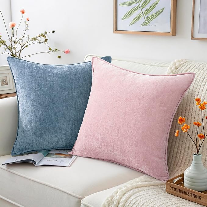 decorUhome Chenille Blue Grey Velvet Throw Pillow Covers 24x24 Set of 2 | Fall Soft Euro Sham Couch Decorative Modern Farmhouse Pillow Cases with Elegant Design for Sofa Bed Living Room Home Decor