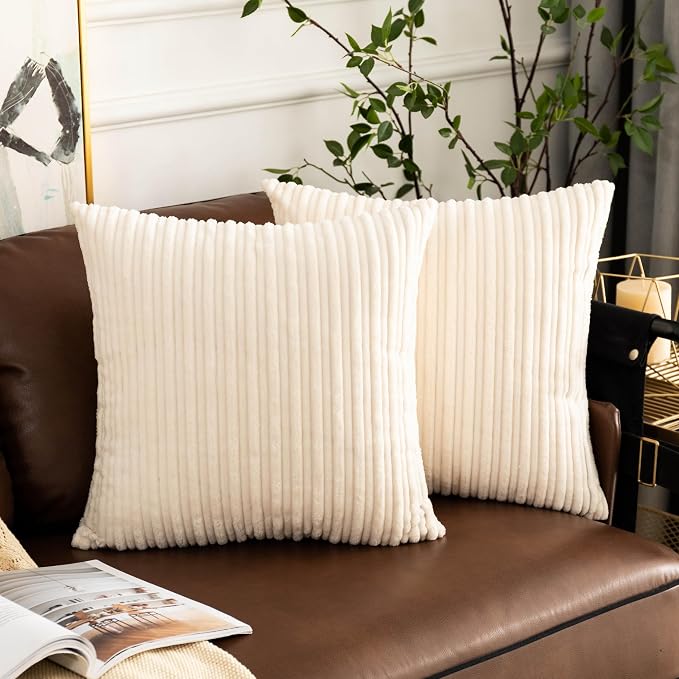 UGASA Corduroy Striped Soft Soild Decorative Square Throw Pillow Covers Set Cushion Cases Pillowcases for Sofa Bedroom, 2 Pcs, 26x26inch, Cream