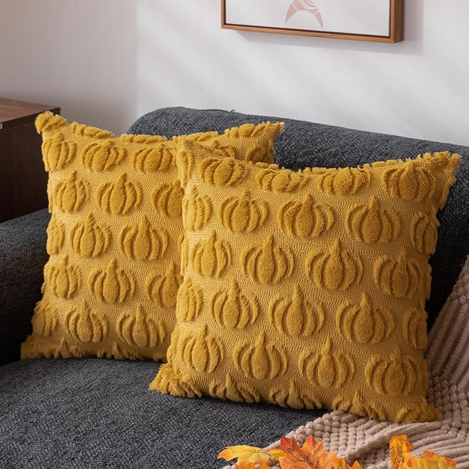 DFXSZ Fall Pillow Covers 20x20 2Pcs Yellow Pumpkin Fall Decoration for Home | Fall decor Set of 2 Throw Pillow Cases Soft Plush Faux Fur Wool Couch Cushion for Chair Sofa Bedroom Living Room Home Decor