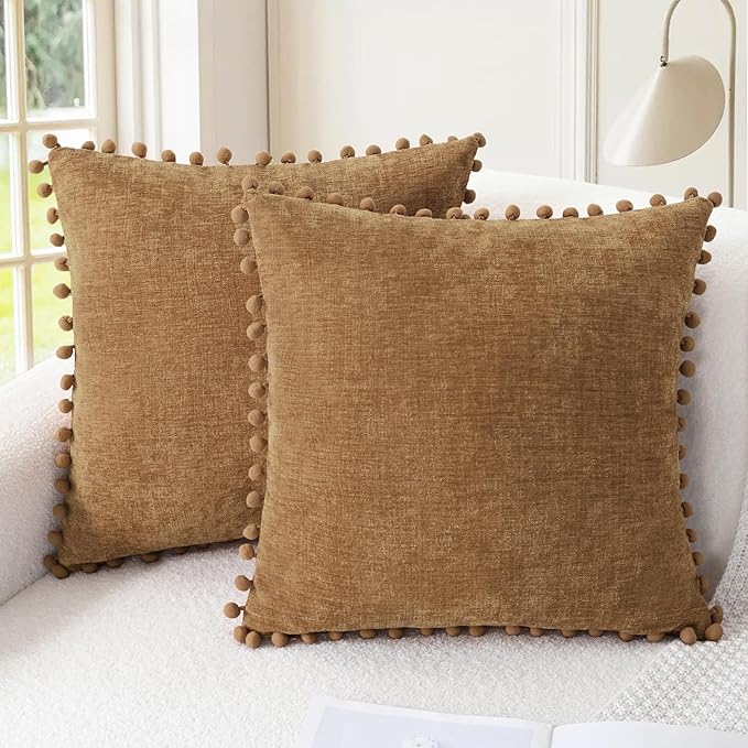 CaliTime Decorative Couch Throw Pillow Covers 20 X 20 Inches Apricot Brown | Pack of 2, Cozy Chenille Cushion Cases, with Pom Poms for Sofa Bed Living Room Farmhouse Home