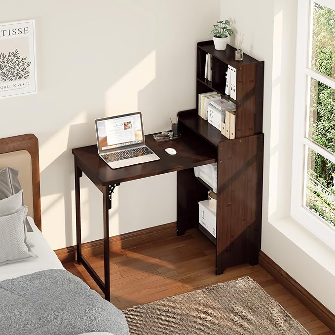 Bamboo Folding Desk with Bookshelf, Foldable Desk for Small Spaces, Brown | Space-Saving Computer Desk with Storage, Compact Size, Writing Study Table for Home Office, Bedroom, Dorm, Apartment