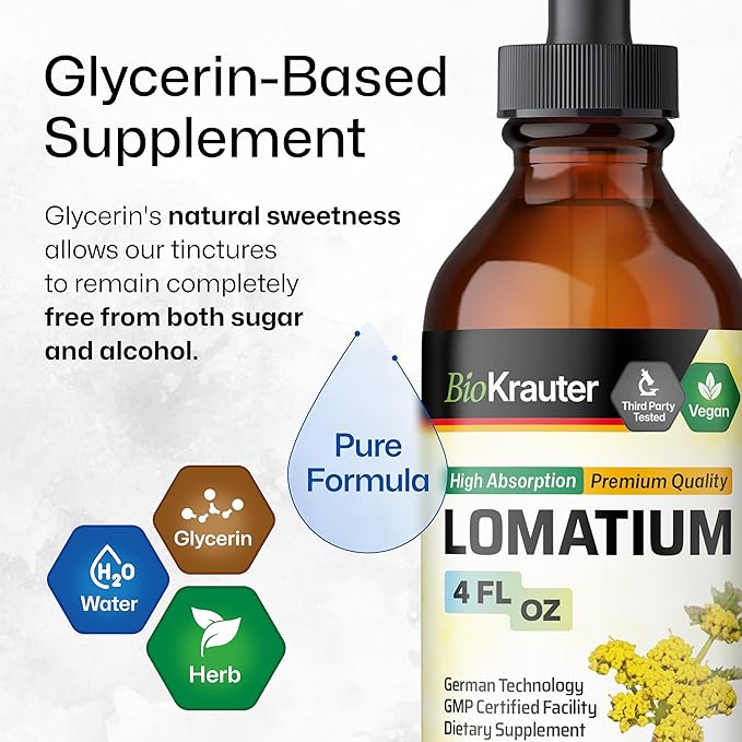 BIO KRAUTER Lomatium Tincture - Immune and Lung Support Supplement - Alcohol and Sugar Free Vegan Lomatium Root Tincture - 4 Fl.Oz.