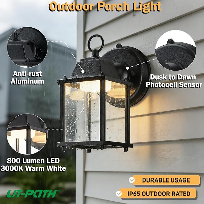 LIT-PaTH Small Outdoor LED Wall Lantern with Dusk to Dawn Photocell, 3000K Warm White, 9.5W, 800 Lumen, Aluminum Housing Plus Glass, Outdoor Rated, 1-Pack, Black