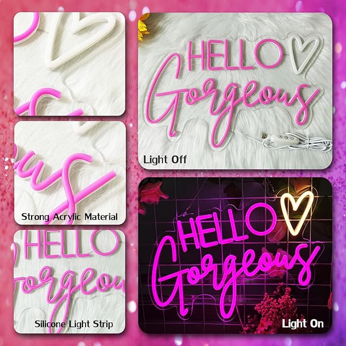 Hello Gorgeous Neon Sign Pink USB LED Neon Lights for Home Wedding Birthday Backdrop Bacelorette Party Decor Room with Dimmable Switch(5V,16.5X10.6inches)