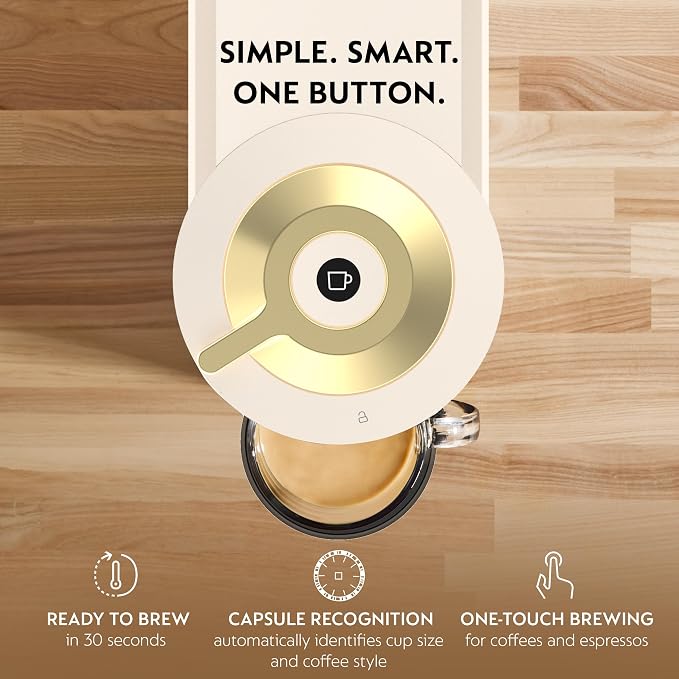 Nespresso Vertuo Next Coffee and Espresso Maker by De'Longhi, Creamy White and Gold | Creamy white and gold coffee machine with slim, sustainable design. Brews 6 cup sizes, espresso to 18 oz., topped with crema.