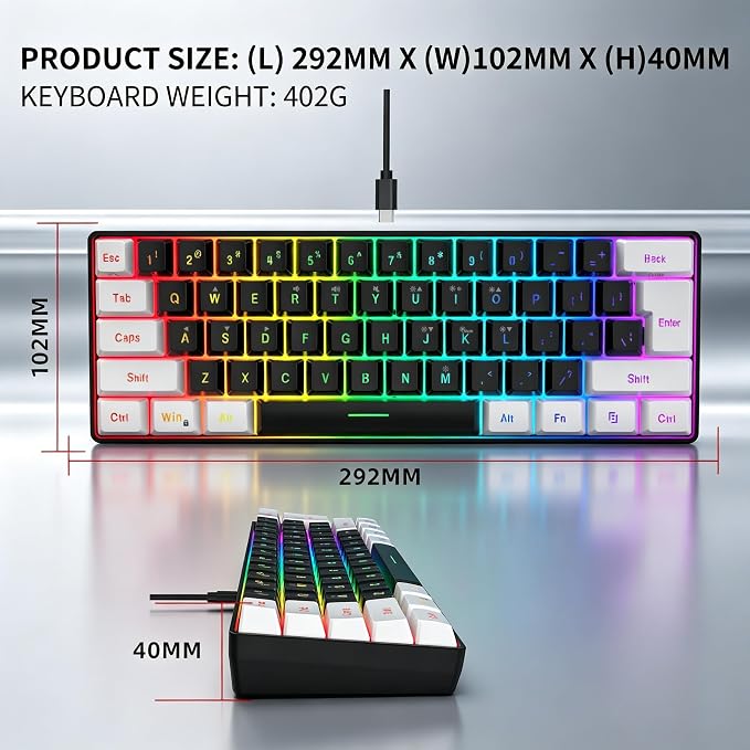 Snpurdiri 60% Wired Gaming Keyboard, Small RGB Backlit Membrane Gaming Keyboard, Ultra-Compact Mini Waterproof Keyboard for PC Computer Gamer White and Black | Backlit Small Membrane Gaming Keyboard for PC Computer Gamer