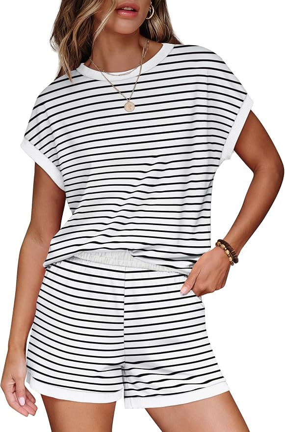 WIHOLL Two Piece Sets for Women Summer Lounge Short Sets Cap Sleeve Crew Neck Sweatsuit with Pocket XS-2XL