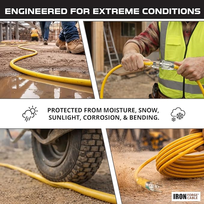 IRON FORGE CABLE 6 Foot Lighted Outdoor Extension Cord - 12/3 SJTW Heavy Duty Yellow Extension Cable with 3 Prong Grounded Plug for Safety, 15 AMP - Great for Garden and Major Appliances