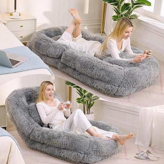 Adjustable 5-Position Human Dog Bed for People, Big Comfy Plush Floor Gaming Lazy Sofa Chair with Pillows & Back Support, Foldable Lounge Loveseat Couch for Living Room Bedroom (Light Gray)