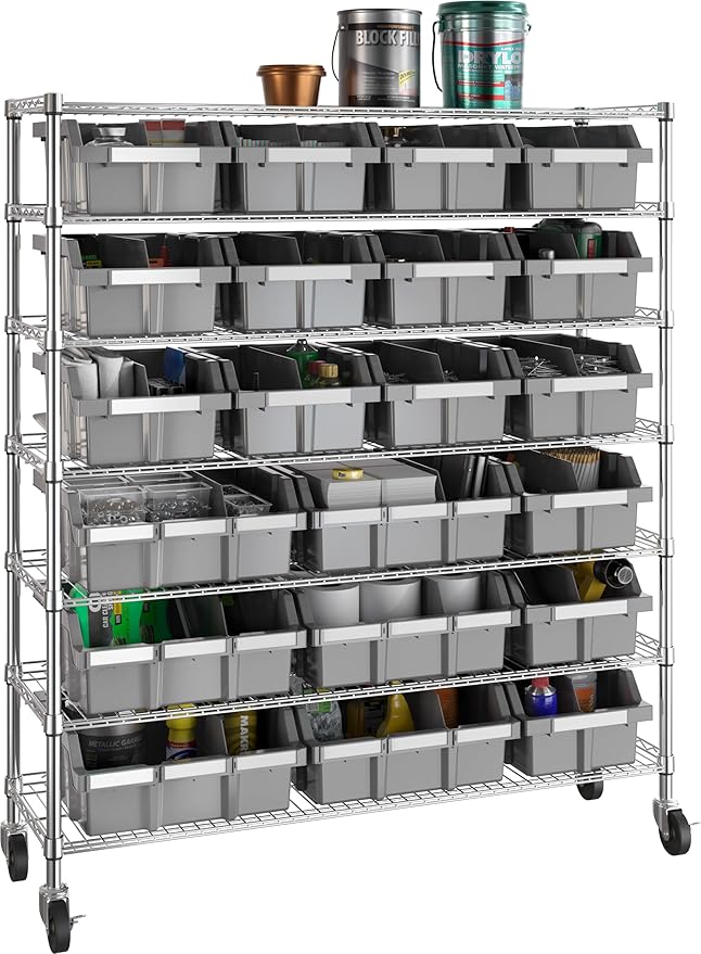 Seville Classics Heavy Duty NSF Bin Rack Solid Steel Wire Shelving Storage Unit, Patented Organizer for Garage, Warehouse, Office, Restaurant, Classroom, Kitchen, Gray, Includes 21 Bins
