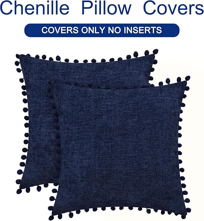 CaliTime Decorative Couch Throw Pillow Covers 22 X 22 Inches Navy Blue | Pack of 2, Cozy Chenille Cushion Cases, with Pom Poms for Sofa Bed Living Room Farmhouse Home