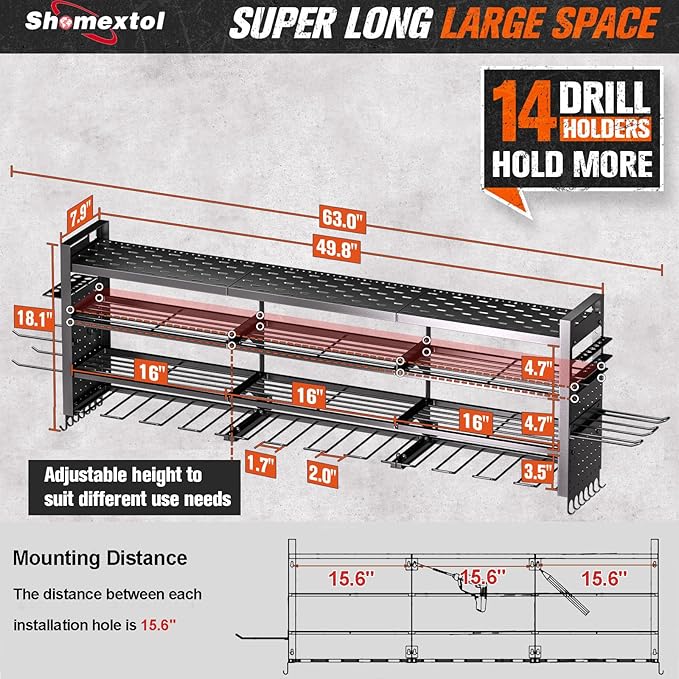 49.8" W Large Power Tool Organizer Wall Mount, Heavy Duty Tool Organizer with 14 cordless Drill Holder, 4 Layers Garage Organization and Storage Rack, Tool Rack for Garage Workshop, Black