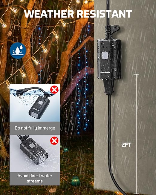 DEWENWILS Outdoor Remote Control Outlet, 15A Wireless Remote Control Switch, 100FT Control Range&14AWG SJTW Power Cord, for Lights Outdoor Appliances, 2 Remote Controls+1 Outlet