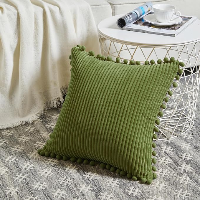 Fancy Homi Pack of 2 Moss Green Decorative Throw Pillow Covers with Pom-poms, Soft Corduroy Solid Square Cushion Cases Set for Couch Sofa Bedroom Car Living Room (20x20 Inch/50x50 cm, Moss Green)