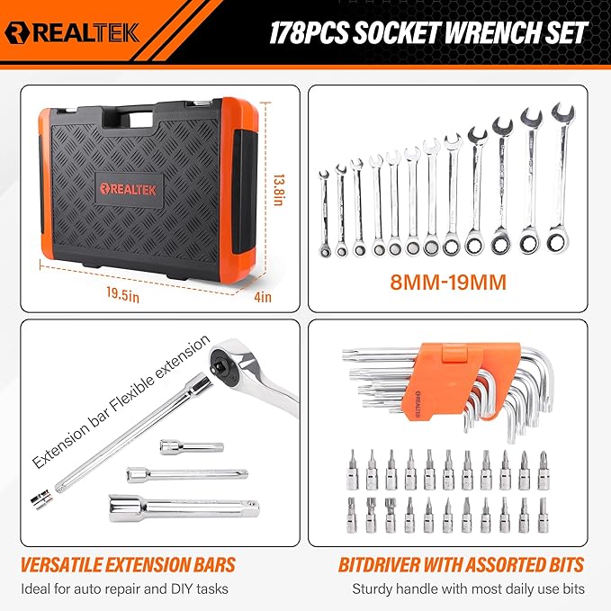 REALTEK 178 Pieces Socket Wrench Set 1/4"3/8"1/2",CR-V Metric Wrench Set with Extension Bar,Quick-Release Ratchet Wrench with Bit Socket Set for Auto Repairing,Household and Workshop,Durable Tool Box