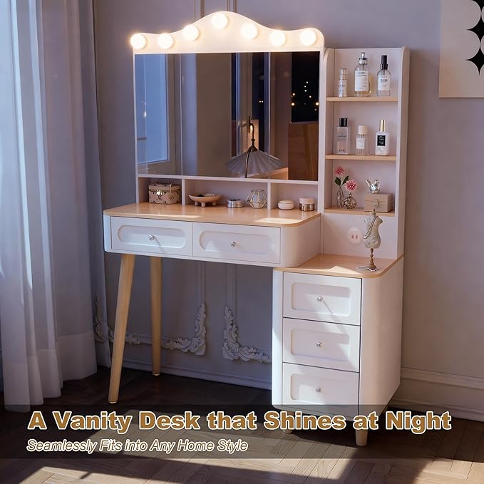 Vanity Desk with Mirror and Lights,Makeup Vanity with 2 USB Power Strip,Vanity Set with Two Drawers and Three-drawerst, 3 Lighting Modes Adjustable Brightness, Foldable Three-sided Mirror(White)
