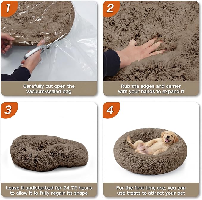 Calming Dog Bed, 20" x 20" x 6" Fits Cat & Dog, Anti-Slip Round Washable Faux Fur for Doze Off, Napping Orthopedic, Khaki
