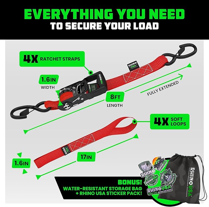 Rhino USA Ratchet Straps Heavy Duty Kit (4-Pack) - 1.6 Inch x 8 Feet Min Break Strength (5,000) - Ultimate Tie Down Straps with Safety S Hooks for Trucks, ATV, UTV, Motorcycle, Cargo & More - Red