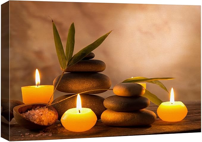 wall26 Canvas Print Wall Art Candles with Massage Stones in Romantic Brown Atmosphere Floral Nature Photography Realism Bohemian Scenic Relax/Calm Cool for Living Room, Bedroom, Bathroom - 16"x24"