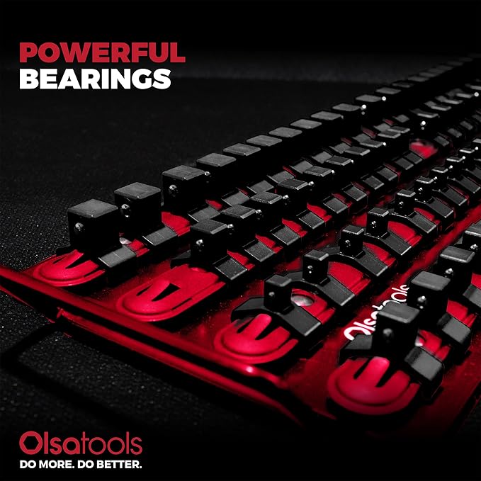 Olsa Tools Socket Organizer Tray - Portable Red Rail with Black Clips - Stores 80 Sockets Securely - Professional-Grade Socket Holder - Part 1047