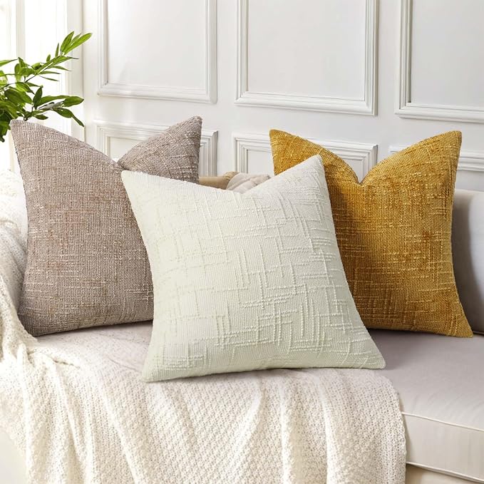 decorUhome Textured Chenille Throw Pillow Covers 26x26 Set of 2 Cream White | Fall Modern Farmhouse Soft Cozy Slubby Couch Pillow Cases Boho Decorative Pillow Cases for Bed Sofa Living Room Home Decor