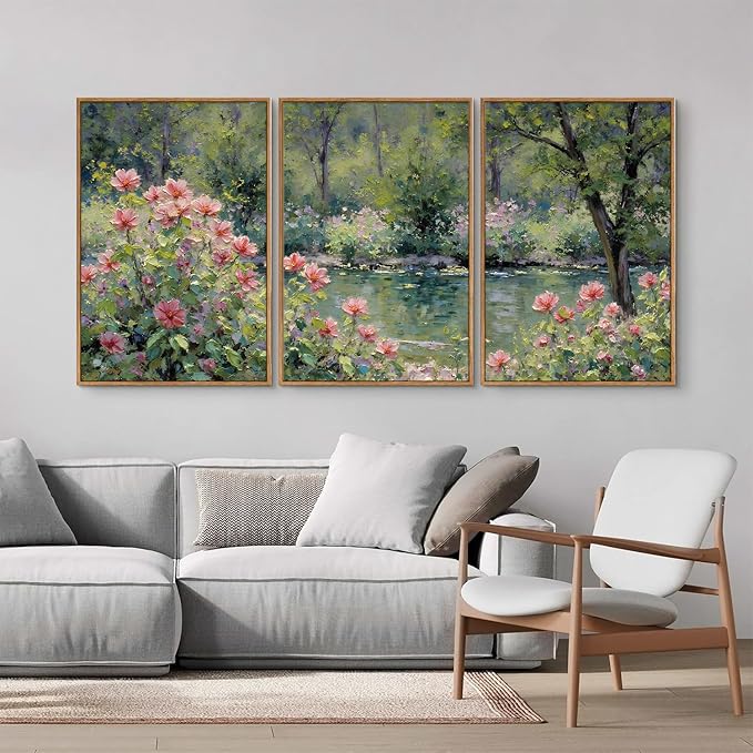 YeeHomedec Monet Botanical Framed Canvas Wall Art, Impressionist Floral Garden Wall Decor, Vintage Flower Pond Tree Artwork, Nature Landscape Art Paintings for Living Room Bedroom Bathroom 16"x24"x3