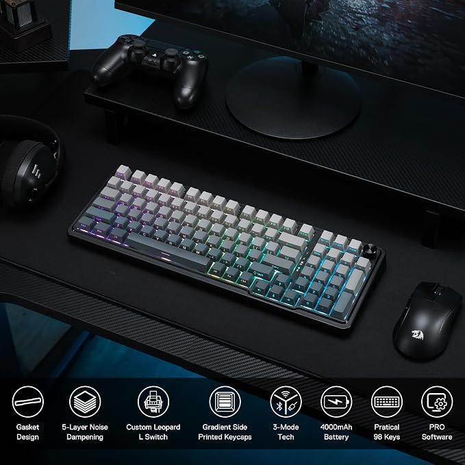 Redragon K686 PRO Wireless RGB Gasket Gaming Mechanical Keyboard, Easy Knob | Multi-Function Control Wheel, 0-Delay Tri-Mode, Cushioned 5-Layer Noise Dampening for Creamy Thocky Sound, Practical 98 Keys