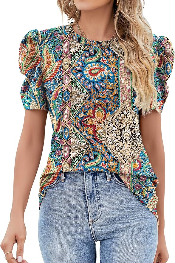 Ivicoer Puff Short Sleeve Shirt for Women Eyelet Tops Summer Crewneck Blouse Loose Fit S-XXL