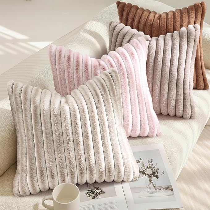 decorUhome Fall Faux Fur Throw Pillow Covers 12x20 Set of 2 Pink White | Decorative Soft Cozy Striped Plush Modern Farmhouse Boho Couch Pillow Cases Velvet Back for Sofa Bed Living Room Home Decor