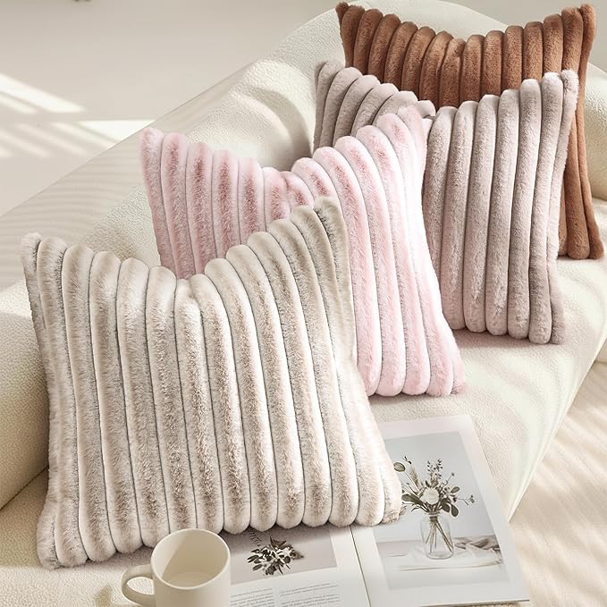 decorUhome Fall Faux Fur Throw Pillow Covers 16x16 Set of 2 Brown | Decorative Soft Cozy Striped Plush Modern Farmhouse Boho Couch Pillow Cases Velvet Back for Sofa Bed Living Room Home Decor