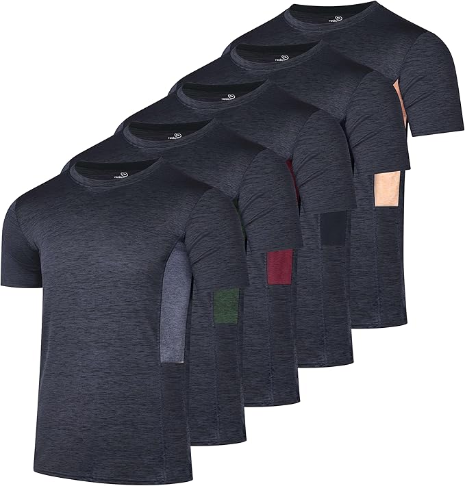 5 Pack Men's Dry Fit Short Sleeve T-Shirt Gym Workout Athletic Running Tee | Cooling, Moisture-Wicking, Crew Neck, Quick-Dry, Breathable, Active, Exercise, Fitness, Basketball, Cycling, Hiking, Tennis