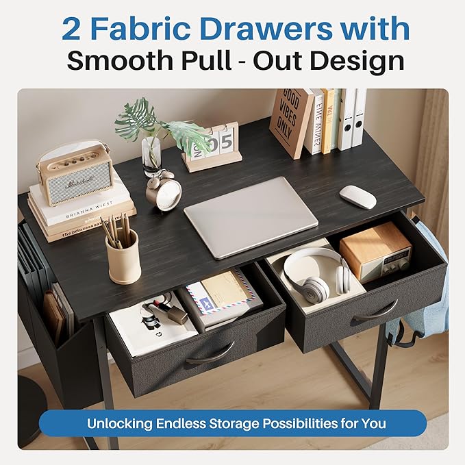OLIXIS 32 Inch Small Desk, Gaming Computer Desk, Side Bag | Fabric Drawers, Headphone Hook, Home Office, Work Table, Writing Study, Bedroom, Black