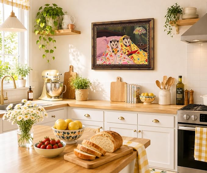 Gold Framed Funny Opossum gifts Wall Art Cute Possum Eating Pizza Print | Whimsical Cute Possum ,Vintage Animal Picture Wall Decor Canvas Painting for Living Room Bedroom Bathroom Office, 8x10 In
