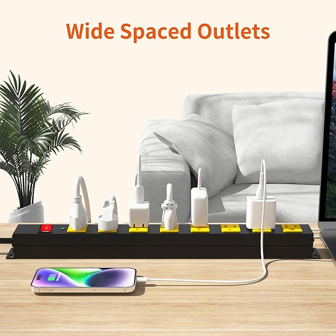 8 Outlet Power Strip 2100J Surge Protector, 15FT Heavy Duty Extension Cord Wide Spaced Outlet and Wall Mount Metal Powerstrip for Home Office Garage Workshop