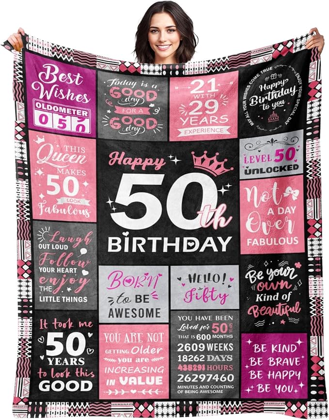 50th Birthday Gift for Her, Happy 50th Birthday Blanket for Women 60"x80" | 50th Birthday Decorations for Women, 50 Year Old Gifts for Women, 1976 50Th Birthday Gifts for Wife, Friend, Daughter, Sister