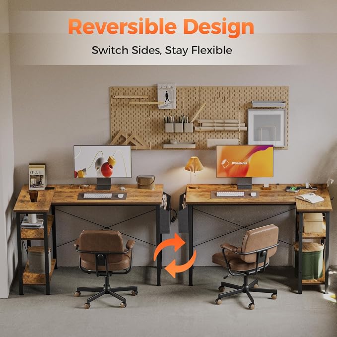 Mericonia 55 inch L Shaped Gaming Desk, Large Corner Desk with Shelves | Reversible Computer Desk with Power Outlets & Storage Bag, Office Table for Home Bedroom Study Work Writing
