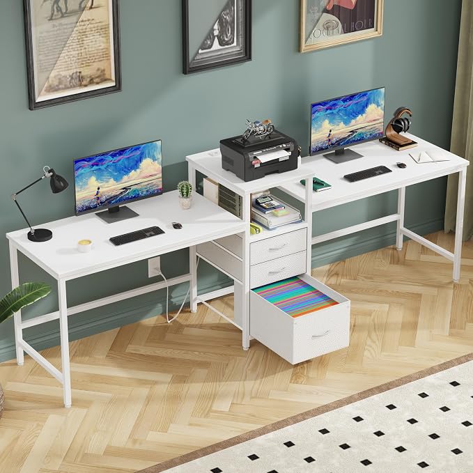 GYIIYUO 93'' Two Person Desk with Charging Station, Long Desk with 3 Drawer | Double Computer Desk with Printer Shelf, 2 Person Writing Study Table Workstation for Home Office, White