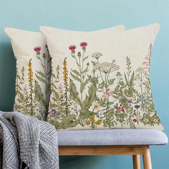 AEIOAE Sage Green Pillow Covers 24x24 Inch Set of 2, Spring Wildflower Plant Throw Pillows Case,Seasonal Floral Outdoor Decorative Flowers Farmhouse Decor Cushion Covers for Home Sofa Bed Couch