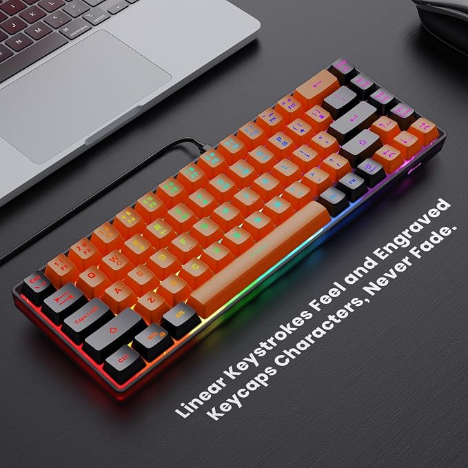 GEODMAER 65% Gaming Keyboard, LED Backlit Mini Wired Keyboard, Ultra-Compact Anti-Ghosting No-Conflict 68 Keys Membrane Gaming Wired Keyboard for PC Laptop Windows Gamer(Orange-Black)