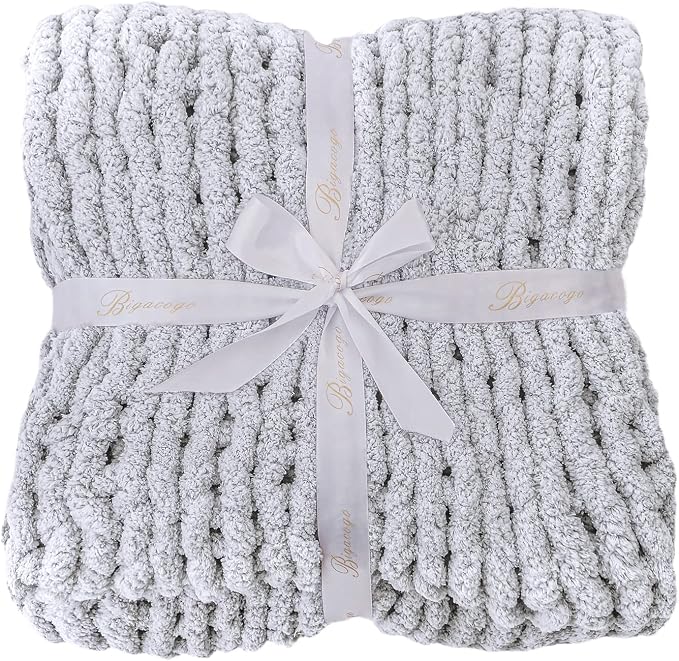 Bigacogo Chunky Knit Throw Blanket for Couch, 51x63 inches, Light Grey | Hand Knit with Jumbo Chenille, Soft Breathable Cable Knit for Sofa Bed Living Room, Machine Washable, Gift for Mom Friend
