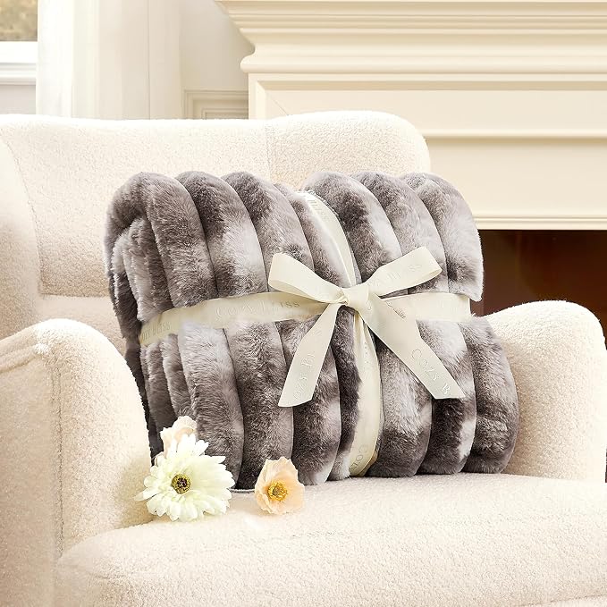 Cozy Bliss Faux Fur Throw Blanket for Couch, Cozy Warm Plush Striped Blanket for Sofa Bedroom Living Room, 50 * 60 Inches Tie-dye Grey