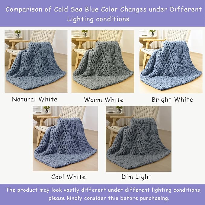 Bigacogo Chunky Knit Throw Blanket for Couch, 40x80 inches, Cold Sea Blue | Hand Knit with Jumbo Chenille, Soft Breathable Cable Knit for Sofa Bed Living Room, Machine Washable, Gift for Mom Friend