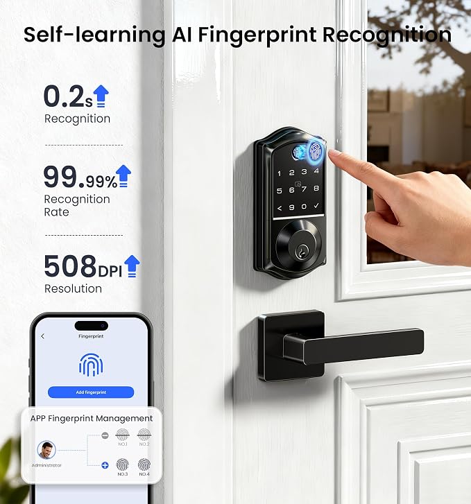Veise VE017 Fingerprint Smart Door Lock, App Control, 8-in-1 Keyless Entry, Auto Lock, Emergency Power Port, Electronic Touchscreen Keypad, Biometric Smart Locks for Front Door, Matte Black
