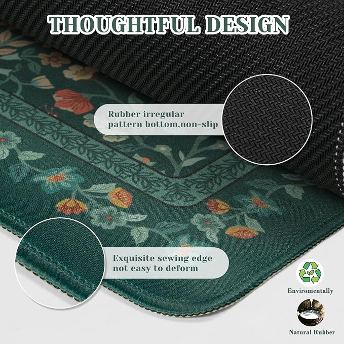 iCasso Aesthetic Floral Desk Mat,Retro Mouse Pads,31.5x11.8in,Deep Green | Anti-Slip Mousepad with Stitched Edges, Waterproof Computer Pad, Desk Accessories Office Decor for Women