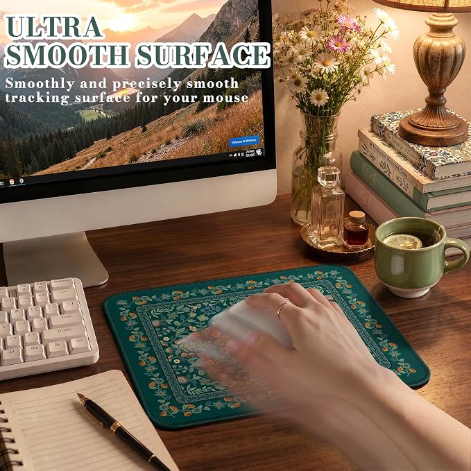 iCasso Aesthetic Small Mouse Pad, 9.5x7.9in,Home Office,Deep Green | Mini Portable Travel Mousepad, Anti-Slip and Comfortable Cloth Mouse Mat with Stitched Edges for Computer, Home