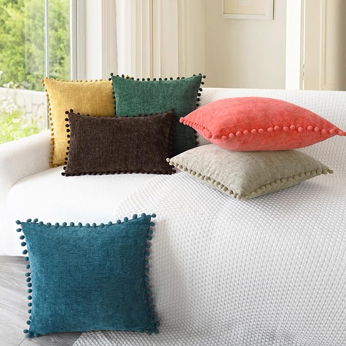 CaliTime Decorative Couch Throw Pillow Covers 16 X 16 Inches Dark Green | Pack of 2, Cozy Chenille Cushion Cases, with Pom Poms for Sofa Bed Living Room Farmhouse Home