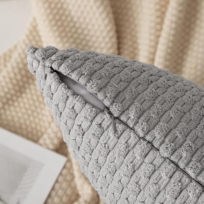 Kevin Textile Soft Corduroy 12"x24" Lumbar Pillow Cover 1 Pack, Light Grey | Boho Stripe Plush Corduroy Decorative Oblong Cushion Cover Modern Farmhouse Home Decor for Sofa Couch Bed Chair