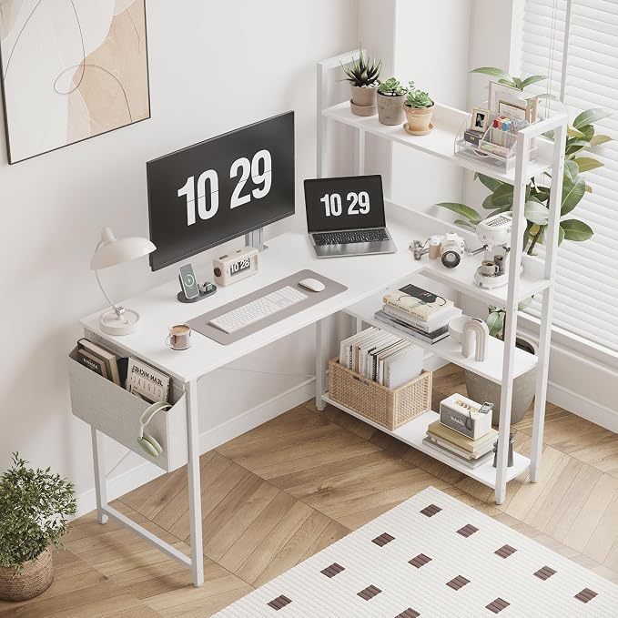 Treesland 40 Inch Computer Desk with Bookshelf, Corner Desk with Storage, L Shaped Desk, Home Office Desks, Writing Study Desk for Bedroom, White