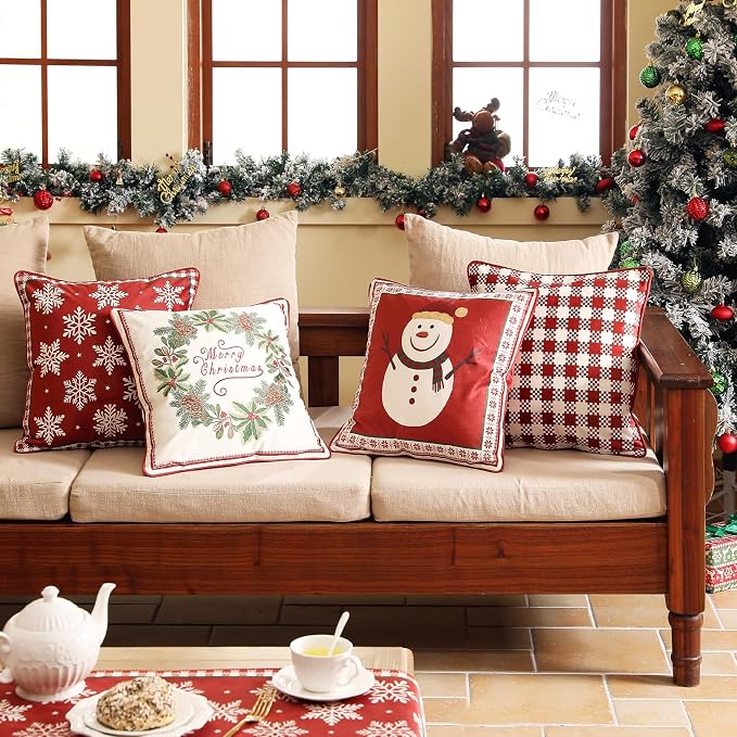 French Chrismas Velvet Throw Pillow Cover,Set of 4-Carol ABCF | Vintage Elegant Pillow Cover,Concealed Zipper Design,Pinecones Pattern,Sofas,Bedroom,Living Room,Lounge Chairs
