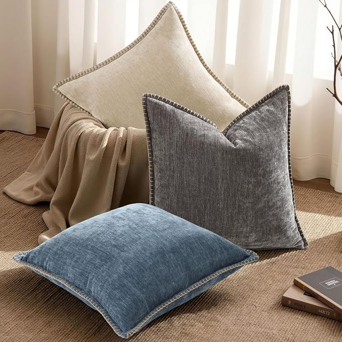 decorUhome Soft Chenille Throw Pillow Covers 26x26 Set of 2 Dark Grey | Fall Textured Decorative Throw Pillow Cases Stitched Edge Modern Farmhouse Luxury Boho Velvet for Couch Sofa Bed Home Decor